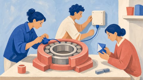 Illustration: Drei Beschäftigte in einer Werkstatt befestigen gemeinsam einen Sensor an einem großen Lager auf einer Werkbank. Eine Person folgt dem Kabel zu einem Anschlusskasten, eine weitere hält ein kleines Messgerät.