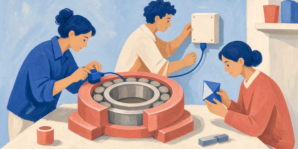 Illustration: Drei Beschäftigte in einer Werkstatt befestigen gemeinsam einen Sensor an einem großen Lager auf einer Werkbank. Eine Person folgt dem Kabel zu einem Anschlusskasten, eine weitere hält ein kleines Messgerät.