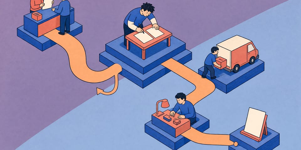 Isometrische Illustration: Ein Weg führt über fünf Ebenen, an denen ein Auftrag angenommen, von Hand abgeschrieben, verladen, bearbeitet und abgeschlossen wird. Von der Abschrift führt ein zweiter Weg zurück zum Anfang.