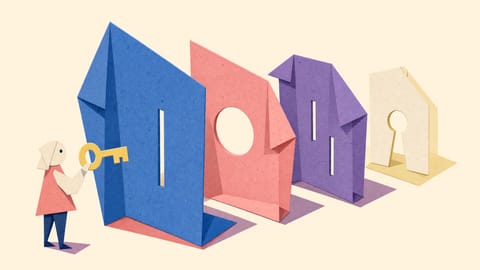 Illustration aus gefaltetem Papier: Vier aufrechte Papierebenen mit unterschiedlich geformten Öffnungen stehen hintereinander wie gestaffelte Sperren. Daneben steht eine kleine Figur mit einem einfachen Schlüssel.