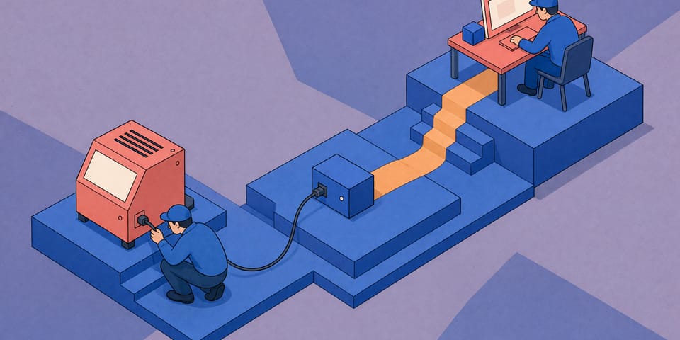 Isometrische Illustration: Eine ältere Maschine ist über ein Kabel mit einem kompakten Gerät verbunden, von dem ein Weg zu einem erhöhten Arbeitsplatz führt. Eine Person prüft den Anschluss an der Maschine.