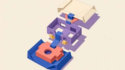 Illustration aus gefaltetem Papier: Ein Bauteil, ein offenes Datenmodell mit zwei leeren Fächern und eine flache Entscheidungsfläche sind über drei Ebenen durch einen Papierstreifen verbunden.