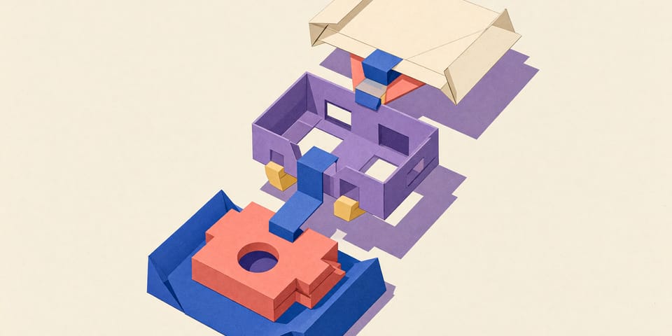 Illustration aus gefaltetem Papier: Ein Bauteil, ein offenes Datenmodell mit zwei leeren Fächern und eine flache Entscheidungsfläche sind über drei Ebenen durch einen Papierstreifen verbunden.