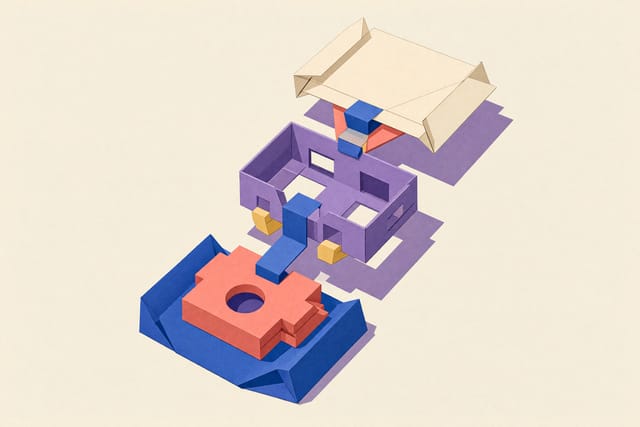 Illustration aus gefaltetem Papier: Ein Bauteil, ein offenes Datenmodell mit zwei leeren Fächern und eine flache Entscheidungsfläche sind über drei Ebenen durch einen Papierstreifen verbunden.