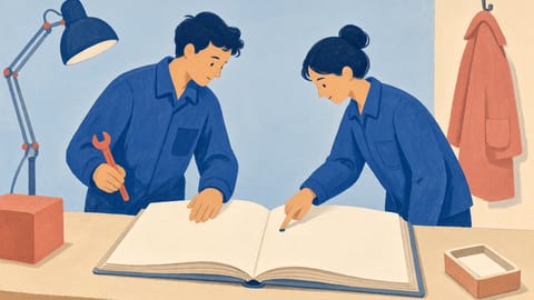 Illustration: Zwei Personen stehen am Ende einer Schicht an einer Werkbank über einem aufgeschlagenen Notizbuch. Die eine Person hält ein Werkzeug, die andere liest mit, im Hintergrund wird eine Arbeitsleuchte ausgeschaltet.