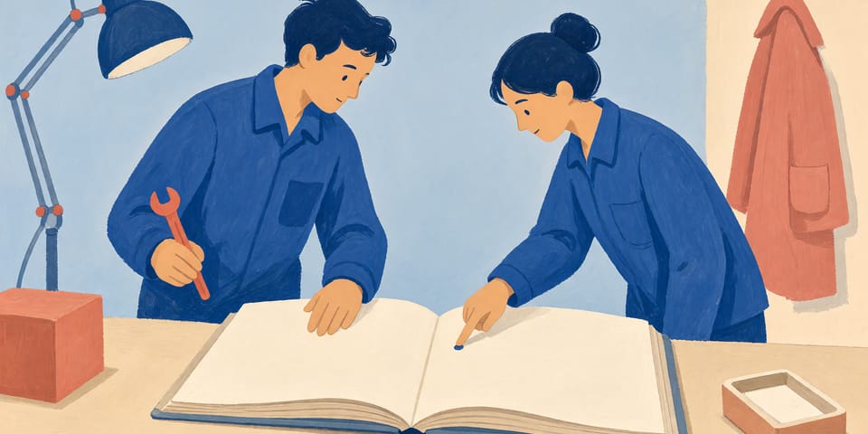 Illustration: Zwei Personen stehen am Ende einer Schicht an einer Werkbank über einem aufgeschlagenen Notizbuch. Die eine Person hält ein Werkzeug, die andere liest mit, im Hintergrund wird eine Arbeitsleuchte ausgeschaltet.