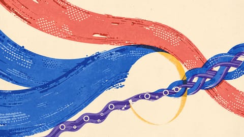 Siebdruck-Illustration: Drei getrennt geführte Farbströme laufen an einer Stelle durch eine gemeinsame Öffnung zusammen und verlassen sie als ein Band.