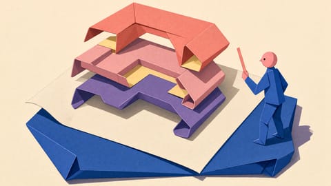 Illustration aus gefaltetem Papier: Drei große Papiermodule liegen übereinander auf einem flachen Blatt und ragen weit über dessen Rand hinaus. Daneben steht eine Figur mit einem einzelnen schmalen Papierstreifen.