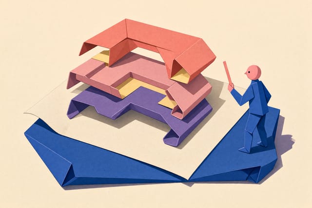 Illustration aus gefaltetem Papier: Drei große Papiermodule liegen übereinander auf einem flachen Blatt und ragen weit über dessen Rand hinaus. Daneben steht eine Figur mit einem einzelnen schmalen Papierstreifen.