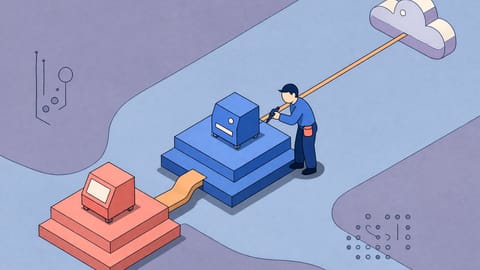 Isometrische Illustration: Eine Maschine ist über ein kurzes Kabel mit einem kompakten Gerät verbunden. Von diesem führt ein langer Weg hinauf zu einer entfernten hellen Fläche. Eine Person steht mit einem Werkzeug am Gerät.