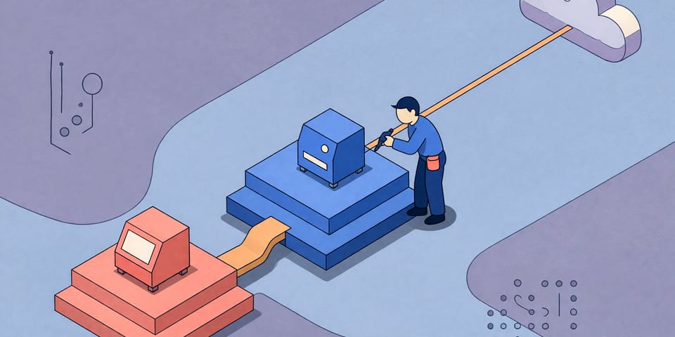 Isometrische Illustration: Eine Maschine ist über ein kurzes Kabel mit einem kompakten Gerät verbunden. Von diesem führt ein langer Weg hinauf zu einer entfernten hellen Fläche. Eine Person steht mit einem Werkzeug am Gerät.