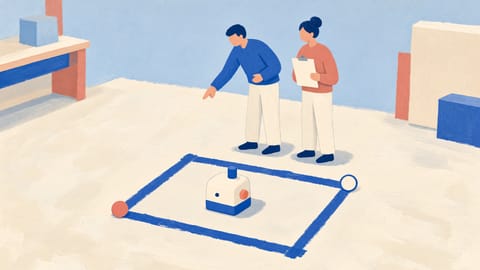 Illustration: Ein kleines, mit Papierband abgestecktes Feld auf einer weiten Werkstattfläche enthält eine einzige Maschine. Zwei Personen stehen an der Markierung, ein gefüllter und ein hohler Kreis markieren Anfang und Ende.