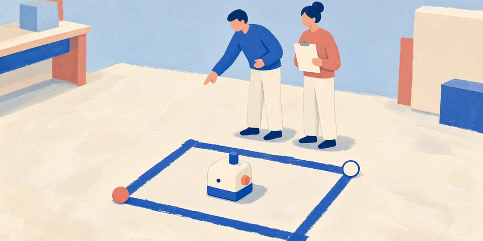 Illustration: Ein kleines, mit Papierband abgestecktes Feld auf einer weiten Werkstattfläche enthält eine einzige Maschine. Zwei Personen stehen an der Markierung, ein gefüllter und ein hohler Kreis markieren Anfang und Ende.