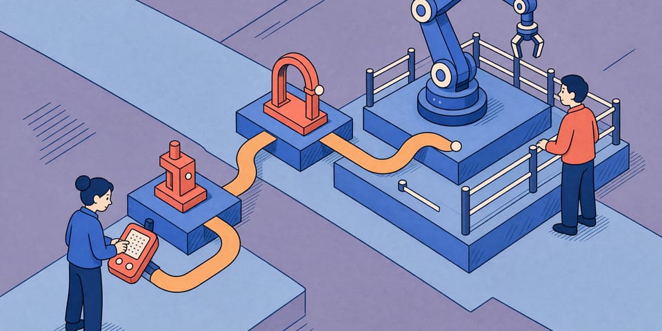 Isometrische Illustration: Ein markierfreier Roboterarm steht auf einer Plattform. Ein Weg führt von einem Handgerät über zwei Stationen zum Arm, eine zweite Person steht an einem niedrigen Zaun.