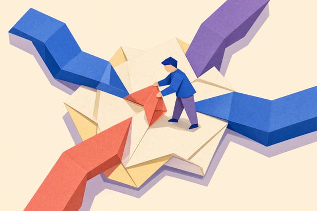 Illustration aus gefaltetem Papier: Drei unterschiedlich gefärbte Prozessträger laufen aus verschiedenen Richtungen an einer großen offenen Faltstelle zusammen. Von dort führt ein breites Band nach rechts.
