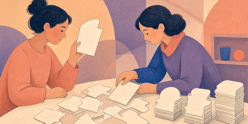 Illustration: Zwei Personen sitzen an einem Arbeitstisch und sortieren einen Stapel unbeschrifteter Papierbögen in drei geordnete Haufen. Eine Person hält einen Bogen prüfend gegen das Licht.