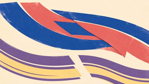 Siebdruck-Illustration: Zwei Bänder laufen parallel durch das Bild. Das obere aus überlappenden Flächen läuft durchgehend, das untere aus schmalen Bändern bricht in der Mitte sichtbar ab.