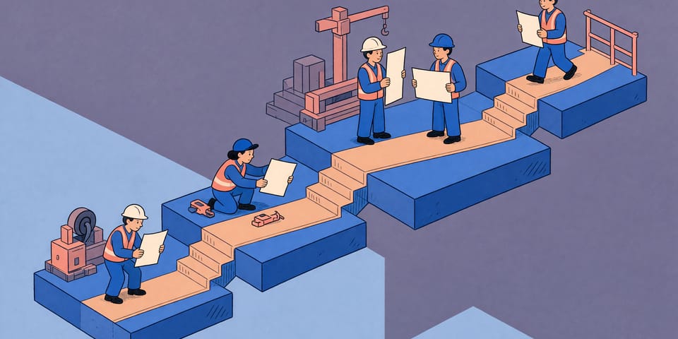 Isometrische Illustration: Über vier Ebenen eines Rohbaus reichen Beschäftigte einander leere Bögen weiter. Auf der dritten Ebene halten zwei Personen unterschiedlich große Bögen gegeneinander.