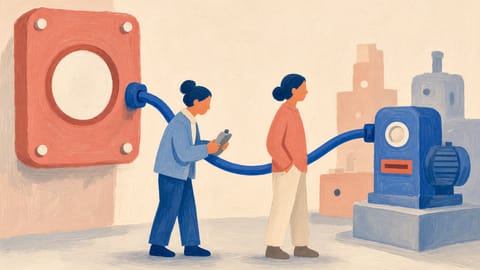 Illustration: Ein großer Stromzähler mit leerer Anzeigefläche hängt an einer Werkstattwand. Ein dickes Kabel führt zu einer einzigen Maschine, zwei Beschäftigte prüfen den Verlauf. Weitere Maschinen im Hintergrund sind nicht angeschlossen.