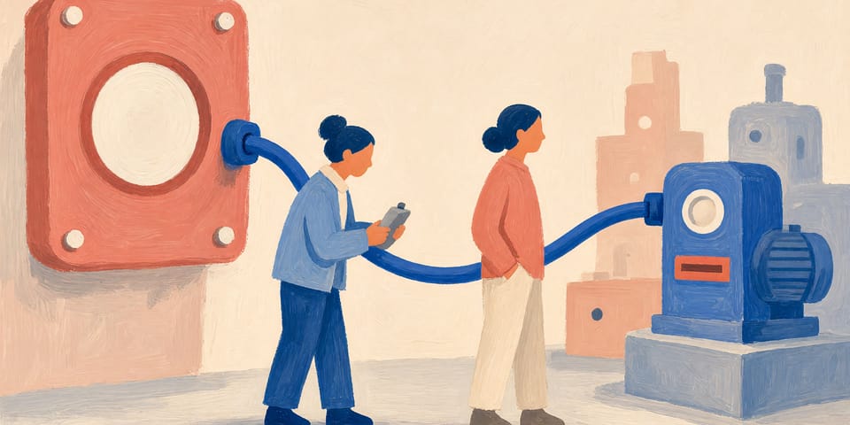 Illustration: Ein großer Stromzähler mit leerer Anzeigefläche hängt an einer Werkstattwand. Ein dickes Kabel führt zu einer einzigen Maschine, zwei Beschäftigte prüfen den Verlauf. Weitere Maschinen im Hintergrund sind nicht angeschlossen.