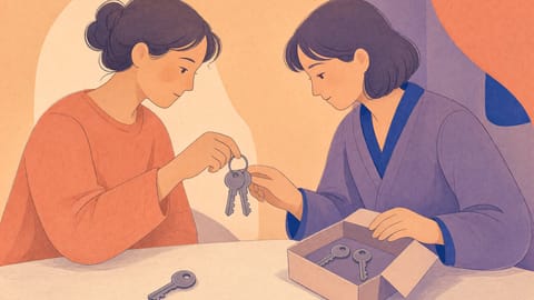 Illustration: Zwei Personen stehen an einer Werkbank. Die eine hält einen Ring mit einfachen Schlüsselformen hin, die andere greift danach und hat die Hand auf einer offenen Kiste mit zwei weiteren Schlüsseln. Ein einzelner Schlüssel liegt abseits.