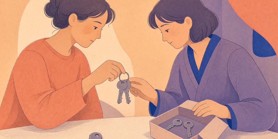 Illustration: Zwei Personen stehen an einer Werkbank. Die eine hält einen Ring mit einfachen Schlüsselformen hin, die andere greift danach und hat die Hand auf einer offenen Kiste mit zwei weiteren Schlüsseln. Ein einzelner Schlüssel liegt abseits.