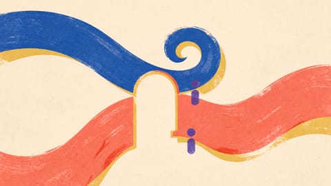 Siebdruck-Illustration: Ein kurzer und ein weiter Bogen beginnen am selben Rand und laufen durch dieselbe aufrechte Öffnung. Danach tragen beide dieselbe kleine Markierung.