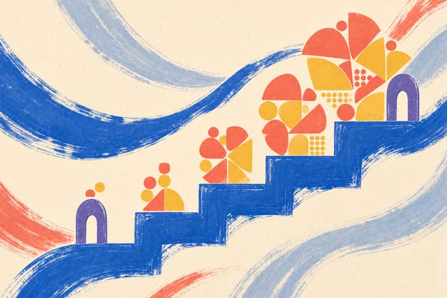 Siebdruck-Illustration: Ein Farbband steigt in Stufen an. Auf jeder höheren Stufe sammeln sich mehr Formen, ein schmales Tor wird nach oben hin enger.