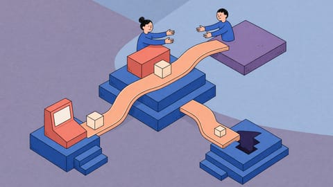 Isometrische Illustration: Ein Weg führt einen kleinen Block durch vier Stationen. An jeder Übergabe nehmen ihn zwei Hände entgegen, am Ende verschwindet er in einer Öffnung.