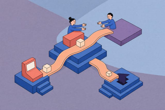 Isometrische Illustration: Ein Weg führt einen kleinen Block durch vier Stationen. An jeder Übergabe nehmen ihn zwei Hände entgegen, am Ende verschwindet er in einer Öffnung.