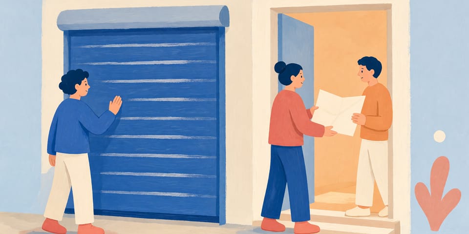 Illustration: Zwei nebeneinanderliegende Zugänge zu einer Werkstatt. Der linke ist mit einem geschlossenen Rollgitter versperrt, am rechten wird ein großer gefalteter Bogen von einer Person an eine andere übergeben.