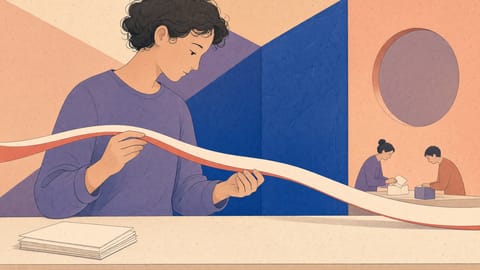 Illustration: Eine Person steht an einer Werkbank und prüft ein langes, schmales Papierband, das durch beide Hände läuft und zu beiden Seiten aus dem Bild führt. Am fernen Ende derselben Bank arbeiten zwei kleinere Figuren.