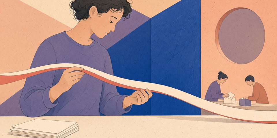 Illustration: Eine Person steht an einer Werkbank und prüft ein langes, schmales Papierband, das durch beide Hände läuft und zu beiden Seiten aus dem Bild führt. Am fernen Ende derselben Bank arbeiten zwei kleinere Figuren.