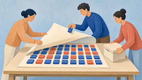 Illustration: Drei Personen an einem Arbeitstisch. Eine hebt einen großen leeren Papierbogen an, darunter liegt ein geordnetes Raster aus blauen und roten Klötzen. Eine zweite Person hält einen Klotz prüfend hoch, die dritte schiebt eine Ablagebox heran.