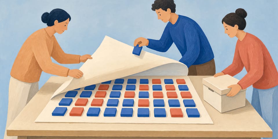 Illustration: Drei Personen an einem Arbeitstisch. Eine hebt einen großen leeren Papierbogen an, darunter liegt ein geordnetes Raster aus blauen und roten Klötzen. Eine zweite Person hält einen Klotz prüfend hoch, die dritte schiebt eine Ablagebox heran.