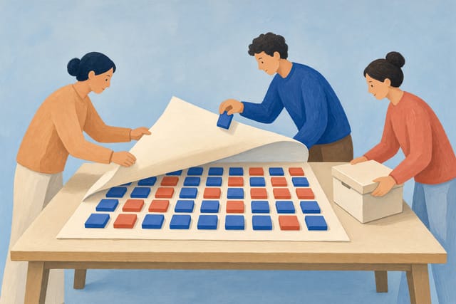 Illustration: Drei Personen an einem Arbeitstisch. Eine hebt einen großen leeren Papierbogen an, darunter liegt ein geordnetes Raster aus blauen und roten Klötzen. Eine zweite Person hält einen Klotz prüfend hoch, die dritte schiebt eine Ablagebox heran.