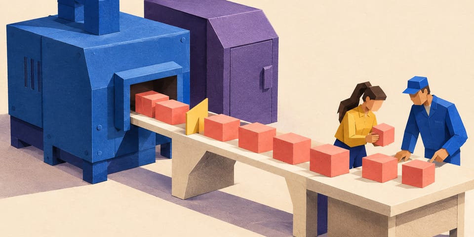 Illustration aus gefaltetem Papier: Eine vernetzte Maschine gibt einen Weg aus blauen, roten Datenblöcken über eine helle Brücke zu einem Arbeitstisch frei. Daneben bleibt ein violettes Fach geschlossen.