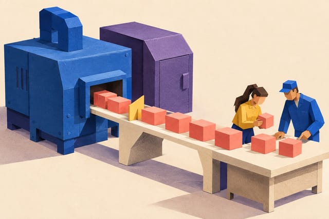 Illustration aus gefaltetem Papier: Eine vernetzte Maschine gibt einen Weg aus blauen, roten Datenblöcken über eine helle Brücke zu einem Arbeitstisch frei. Daneben bleibt ein violettes Fach geschlossen.