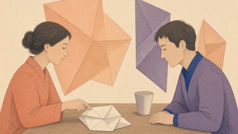 Druckgrafik zweier Personen an einem Holztisch. Eine Person deutet ruhig auf ein gefaltetes geometrisches Papierobjekt, während die andere aufmerksam zuhört. Im Hintergrund schweben apricot- und violettfarbene Papierformen.