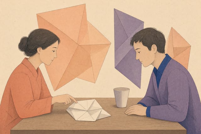 Druckgrafik zweier Personen an einem Holztisch. Eine Person deutet ruhig auf ein gefaltetes geometrisches Papierobjekt, während die andere aufmerksam zuhört. Im Hintergrund schweben apricot- und violettfarbene Papierformen.