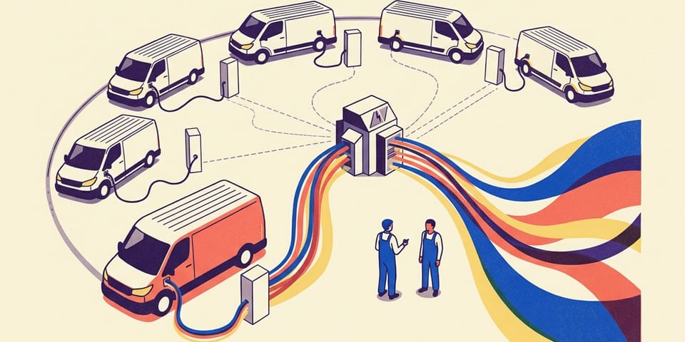 Druckgrafik eines gewerblichen Betriebshofs mit mehreren elektrischen Lieferwagen an geometrischen Ladesäulen. Geschwungene Energiebänder in Kobaltblau und Koralle verbinden die Stationen mit einer Trafostation und verdeutlichen die dynamische Lastverteilung.